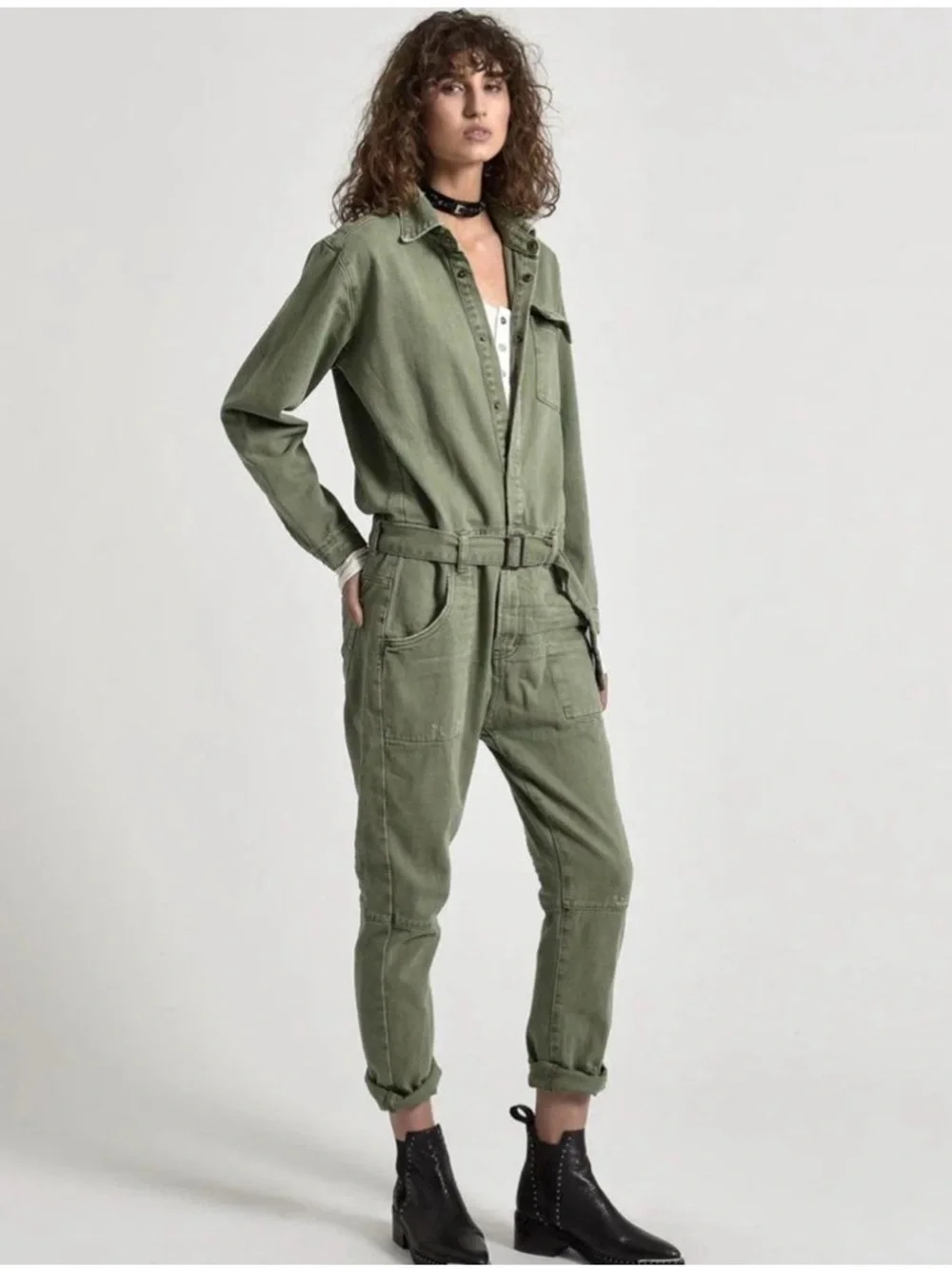 One Teaspoon Sz S Super Khaki Utility Belted Jumpsuit 100% Cotton - Picture 3 of 9